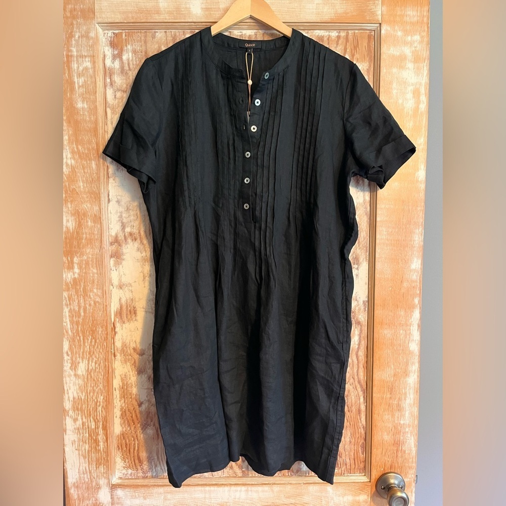 NWT Quince 100% European Linen Short Sleeve Swing Dress, Black - L - Picture 2 of 5